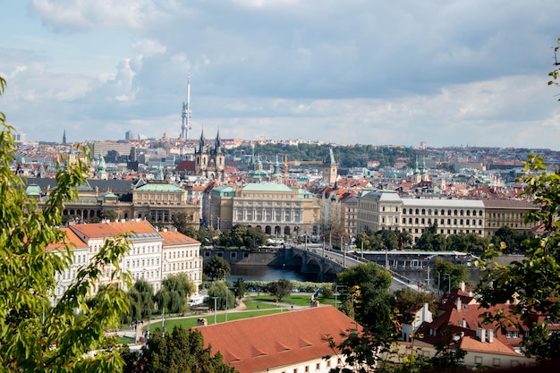 a city with a river and a bridge in the background