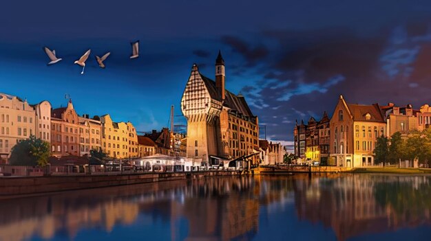 Photo a city with a river and a building with a bird flying in the sky