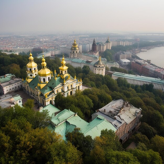 Photo a city with a river and a city in the background