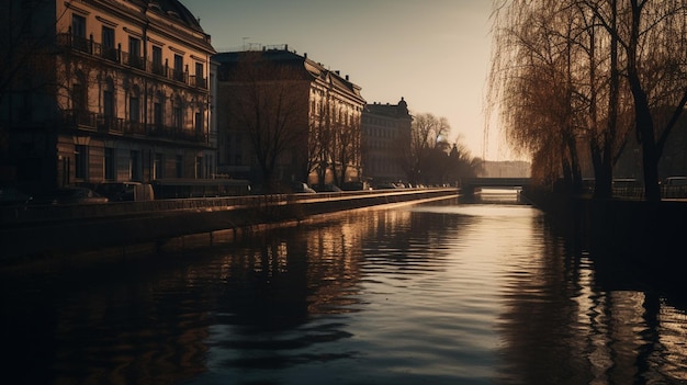 City with river and sunlight Beautiful image background