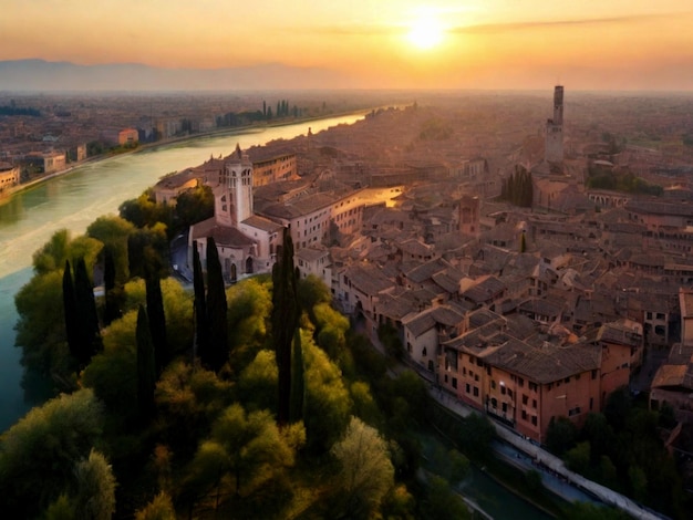 a city with a river and a sunset in the background