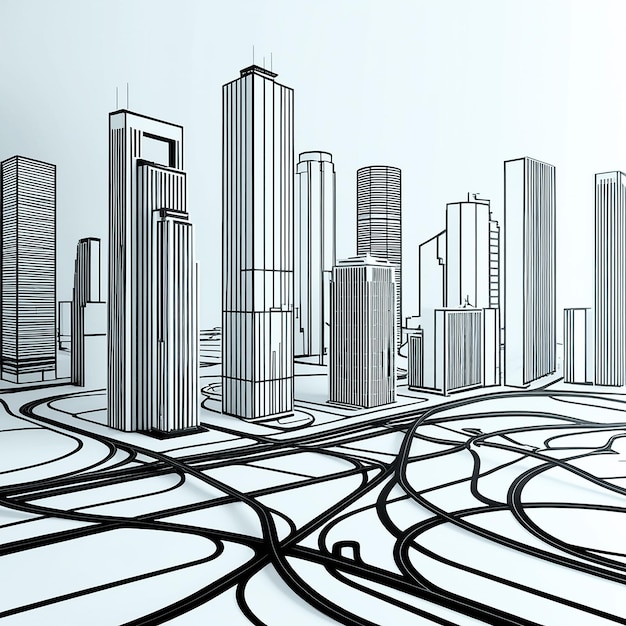 City with road line art line art not 3d image