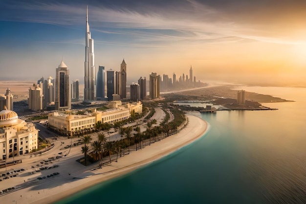 A city with a skyscraper and the burj khalifa in the background