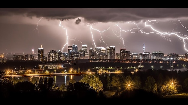 A city with a storm in the background