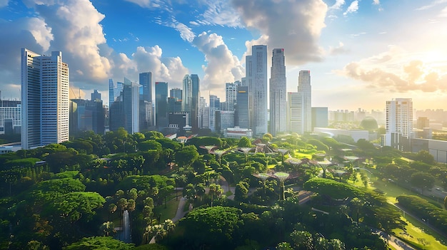 a city with the sun setting behind the buildings