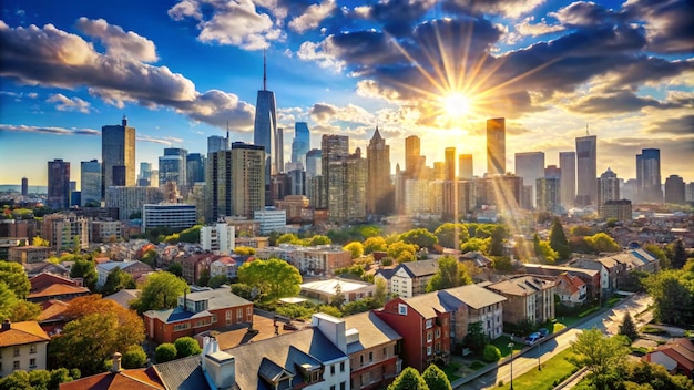 a city with the sun shining through the clouds