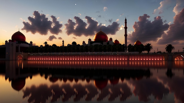 A city with a sunset and a mosque in the foreground