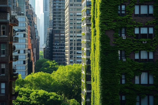 Photo a city with tall buildings covered in green plants city skyline slowly being taken over by ivycovered skyscrapers ai generated