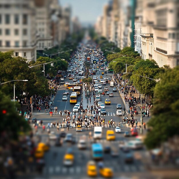 A city with trees planted on both sides of the road with heavy traffic tiltshift photography