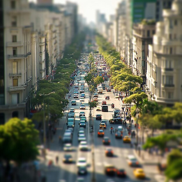 A city with trees planted on both sides of the road with heavy traffic tiltshift photography