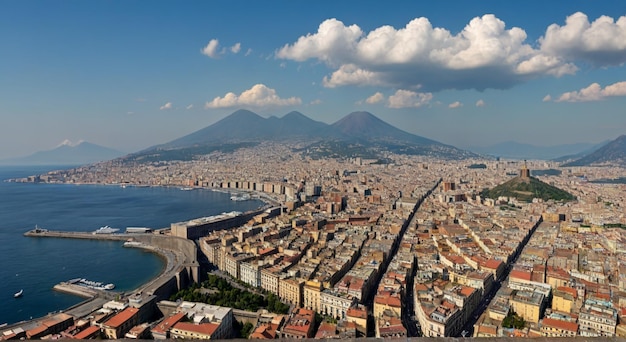 Photo a city with a volcano in the background and a city in the background