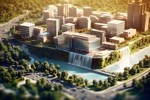 A city with a waterfall and a building with a large glass window.