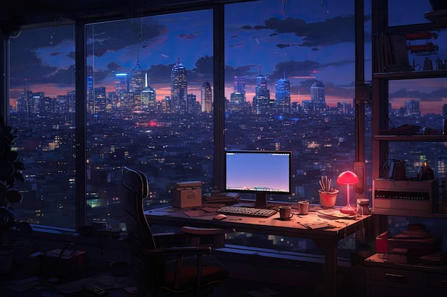 A citys nighttime scenery viewed through a window inspired by the lofi anime and manga style A study