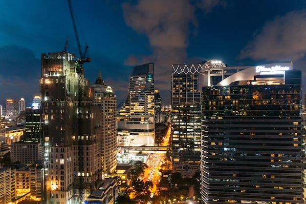 Cityscape Bangkok skyline at night, Thailand. 