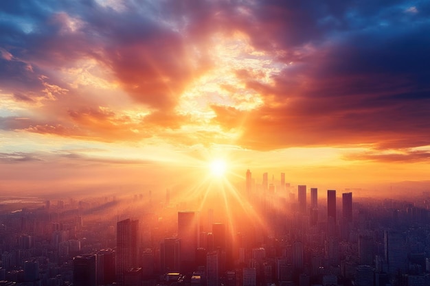 Cityscape bathed in warm golden sunset light with dramatic clouds