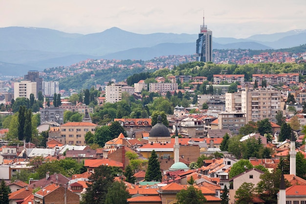 Cityscape of the capital of Bosnia and Herzegovina with behind the Avaz Twist Tower