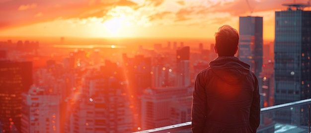 Cityscape Contemplation A man gazes out at the sprawling city below as the sky transitions from day to night with the sun setting behind the urban skyline