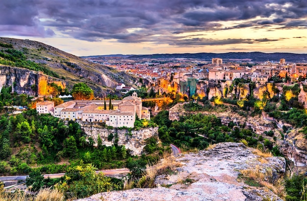 Cityscape of Cuenca at sunset in Castile La Mancha Spain