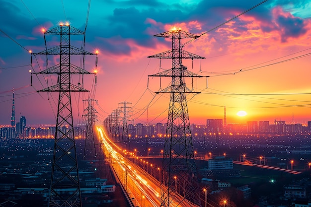 a cityscape at dusk with a variety of power lines running through it The sky is a beautiful shade of