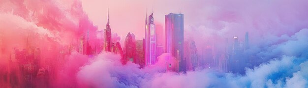 Photo cityscape emerging from pink and blue clouds