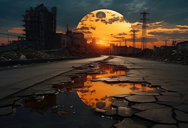 Cityscape on the flat asphalt with a moon