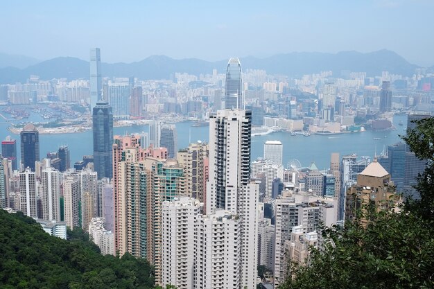 Cityscape from high view, building and sea harbor background