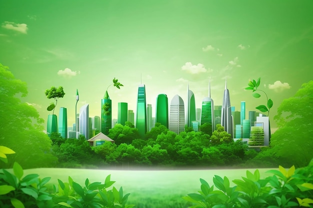 Cityscape on green leave go green and ecology friendly concept Save earth and world environment day