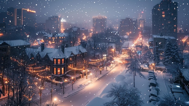 Cityscape illuminated by winter lights snow gently falling during a serene evening