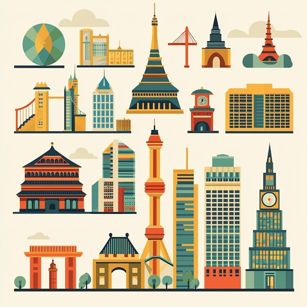 Photo cityscape illustration with famous landmarks and buildings