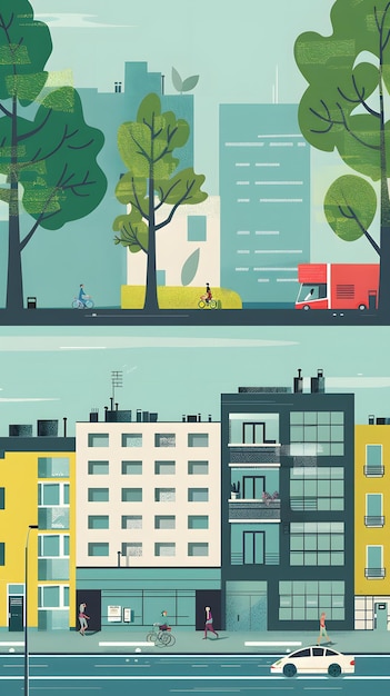 Photo cityscape illustration with people walking and riding bikes