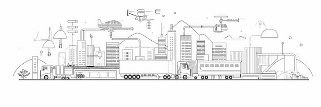 Cityscape Illustration with Transportation and Technology A minimalist line art illustration depic