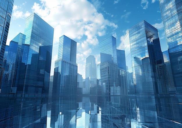 A cityscape image of a modern city with skyscrapers made of glass reflecting the blue sky