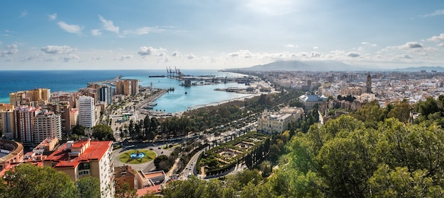 Cityscape of Malaga with the harbour and some of the main monuments to be recognised