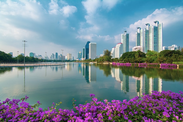 Cityscape of modern business buildings in Bangkok taken at Benjakitti Park in morning (Bangkok, Thailand)