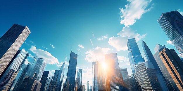 Cityscape of modern skyscrapers in blue sky Mixed media