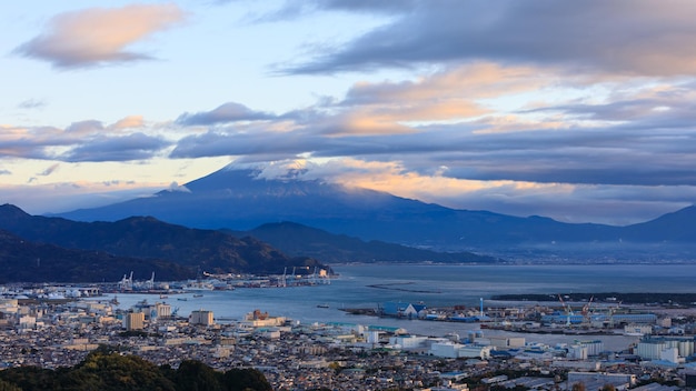 Cityscape at morning view and industry shipping port international fuji mountain background japan