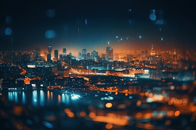 Cityscape at night seen through a window