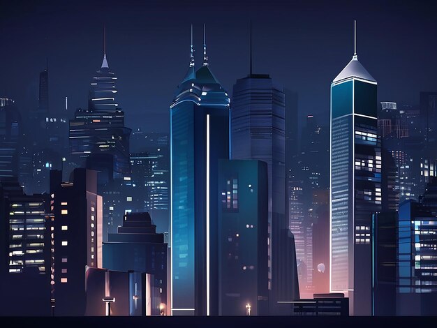 Cityscape at night skyscrapers illuminate the urban skyline in illustration