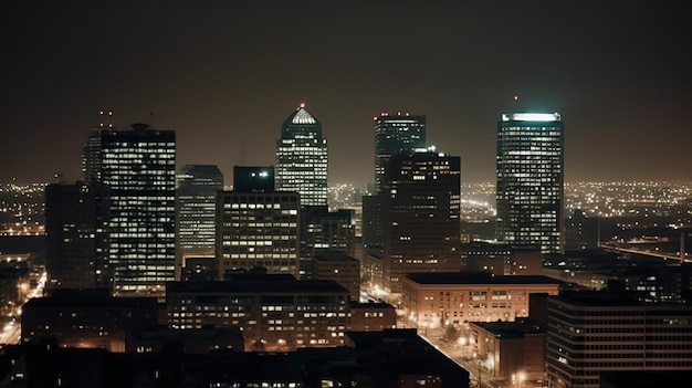 A cityscape at night with the lights on.