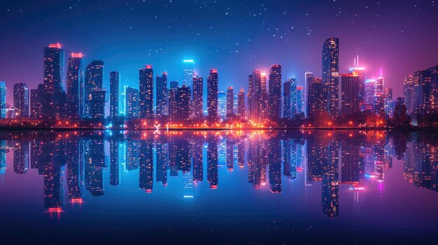 A cityscape at night with skyscrapers and city lights reflecting in a lake