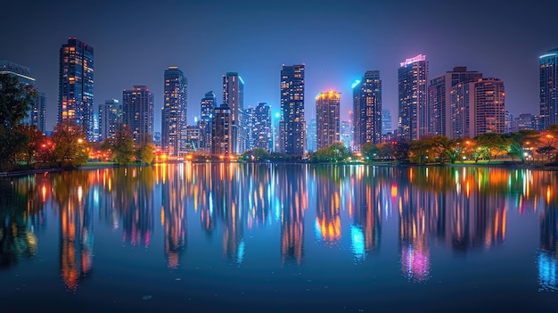 A cityscape at night with skyscrapers and city lights reflecting in a lake