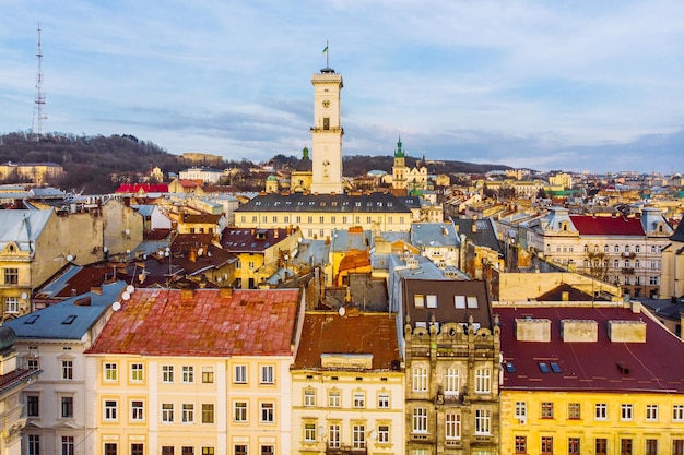 Cityscape of old european city birds eye view