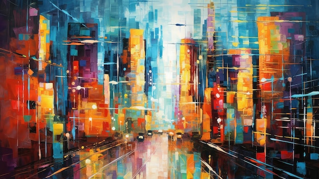 A cityscape painted in vibrant hues watercolor illustration