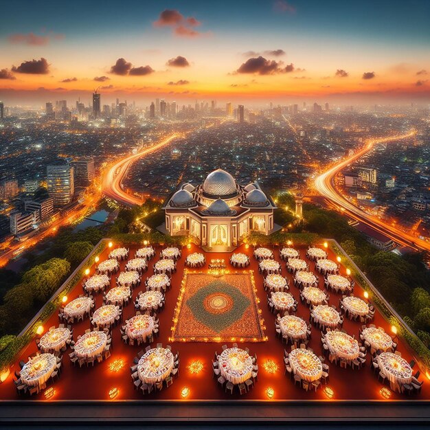 Cityscape Panorama at Sunset with Iftar Tables and Communal Ramadan Spirit