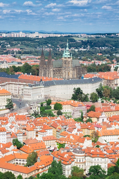 Cityscape of Prague with Vitus cathedral from above, Czech Republic