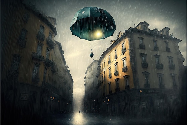 Cityscape in rain with mystical huge faint umbrella floating in sky created with generative ai