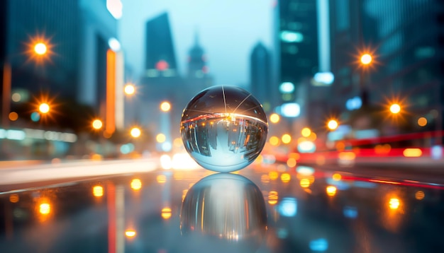 Photo cityscape reflected in a crystal ball