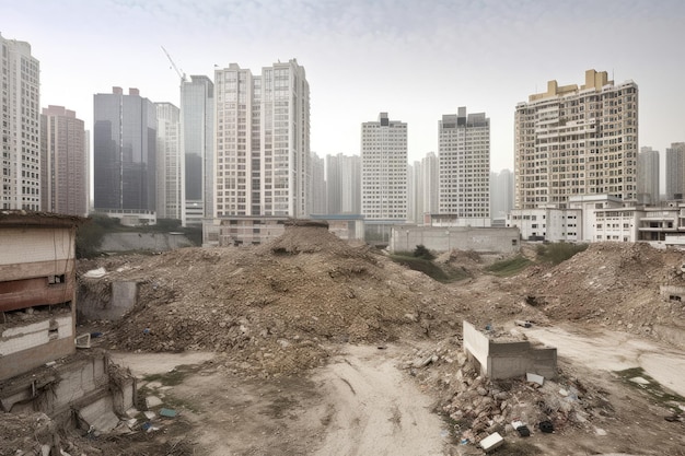 Cityscape revealing the difference between affluent and deprived neighborhoods with towering