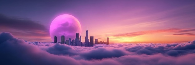 Photo a cityscape rises from a sea of clouds at sunset with a large glowing pink moon in the sky t