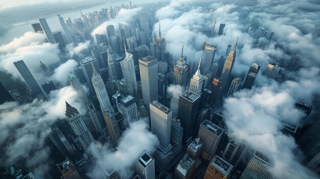 Photo cityscape shrouded in morning clouds